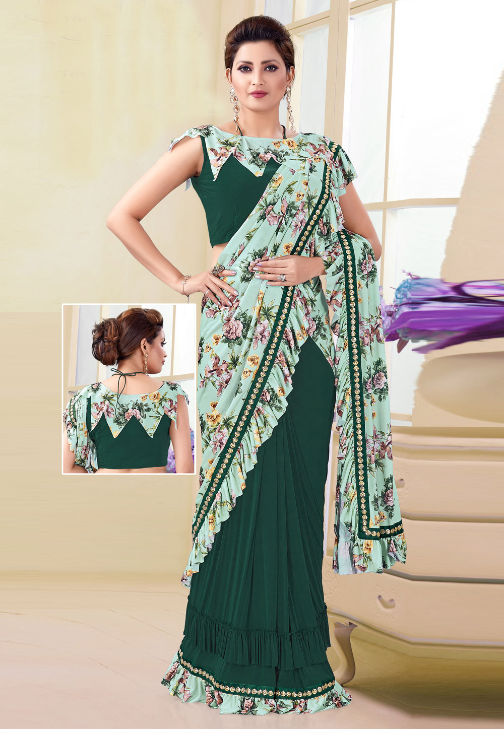 Green Lycra Frill Festival Wear Saree 184914