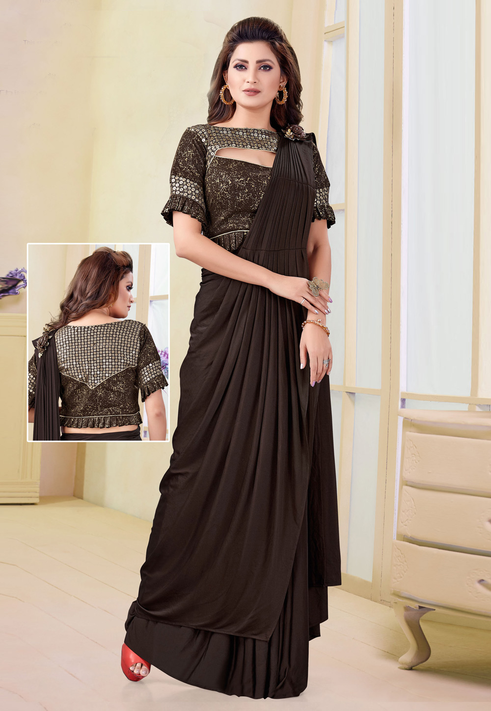 Brown Lycra Draped Festival Wear Saree 184918