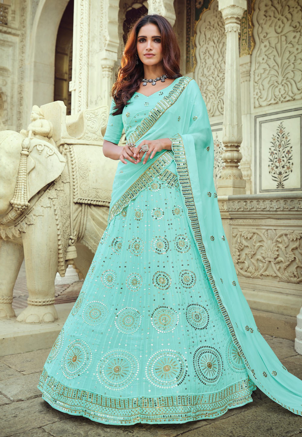 Sky Blue Georgette Sequins Work Lehenga Choli 232580