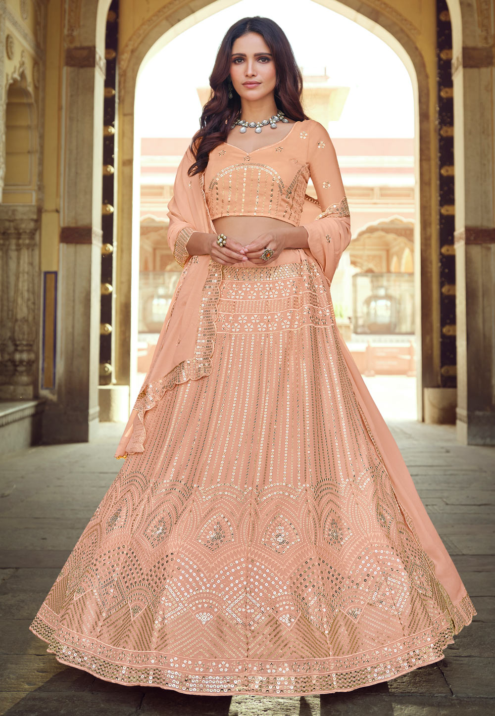 Peach Georgette Sequins Work Lehenga Choli 232581