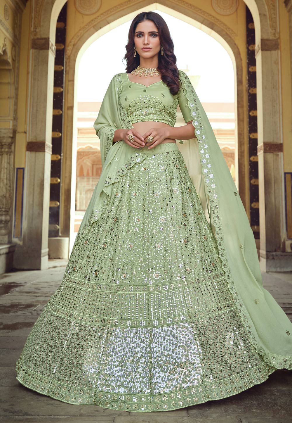 Pista Green Georgette Sequins Work Lehenga Choli 232582
