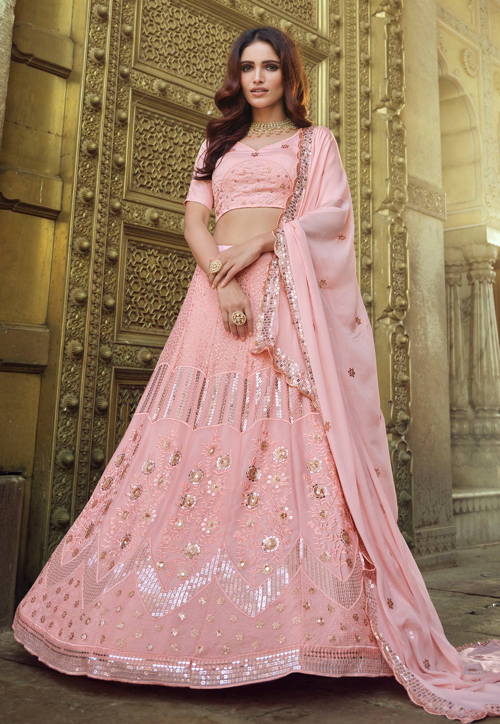 Pink Georgette Sequins Work Lehenga Choli 232583