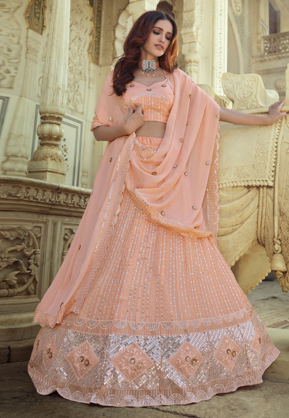 Peach Georgette Sequins Work Lehenga Choli 232585