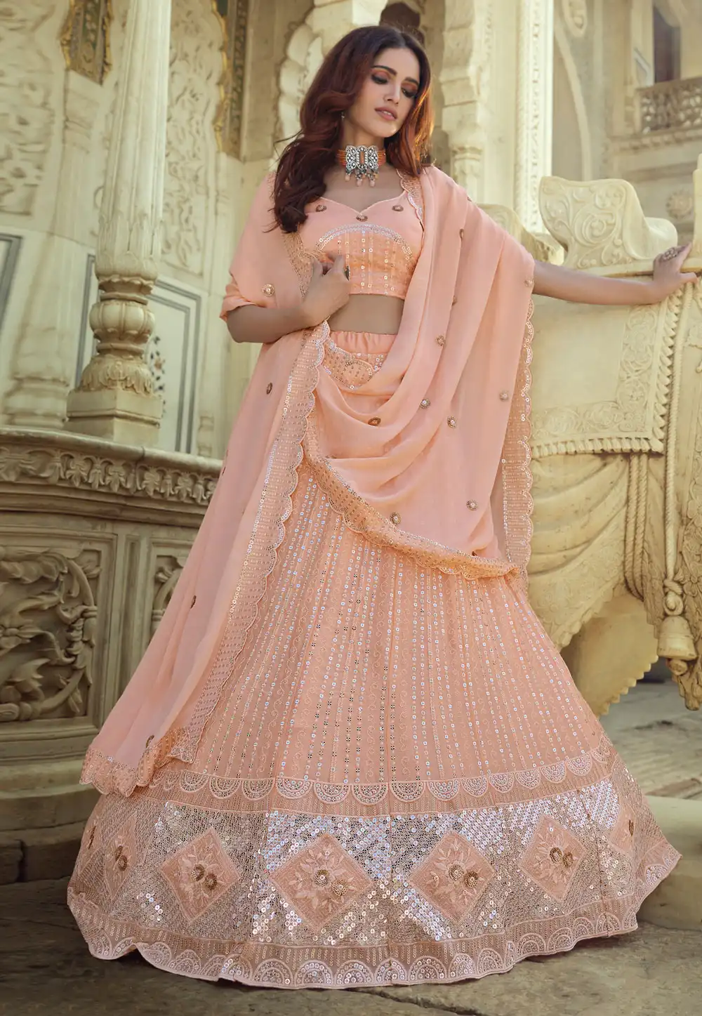 Peach Georgette Sequins Work Lehenga Choli 232585