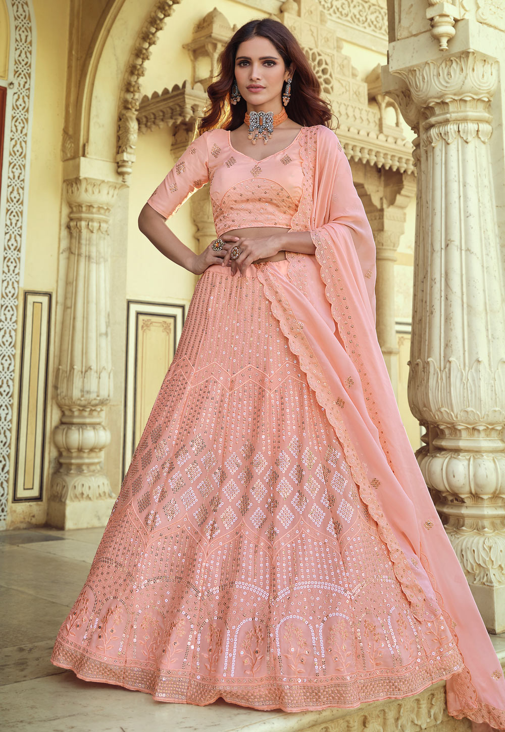 Peach Georgette Sequins Work Lehenga Choli 232586