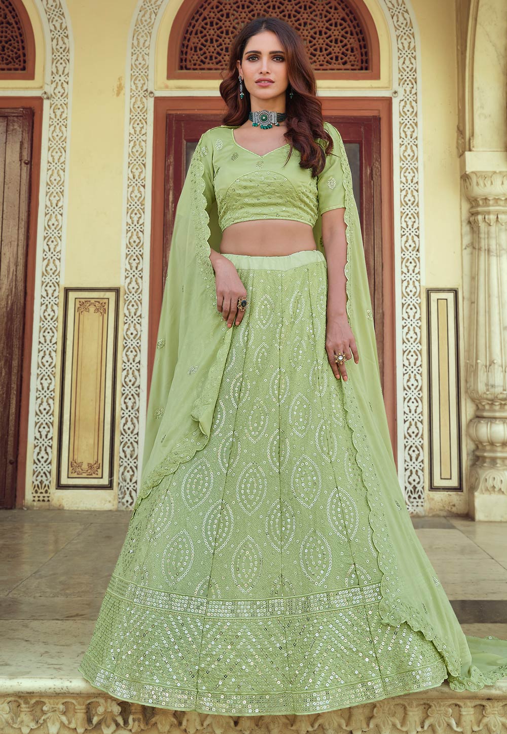 Light Green Georgette Sequins Work Lehenga Choli 232587