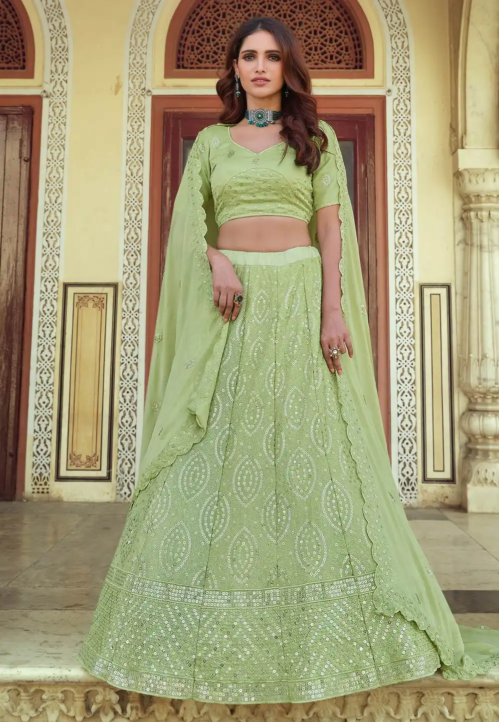 Light Green Georgette Sequins Work Lehenga Choli 232587