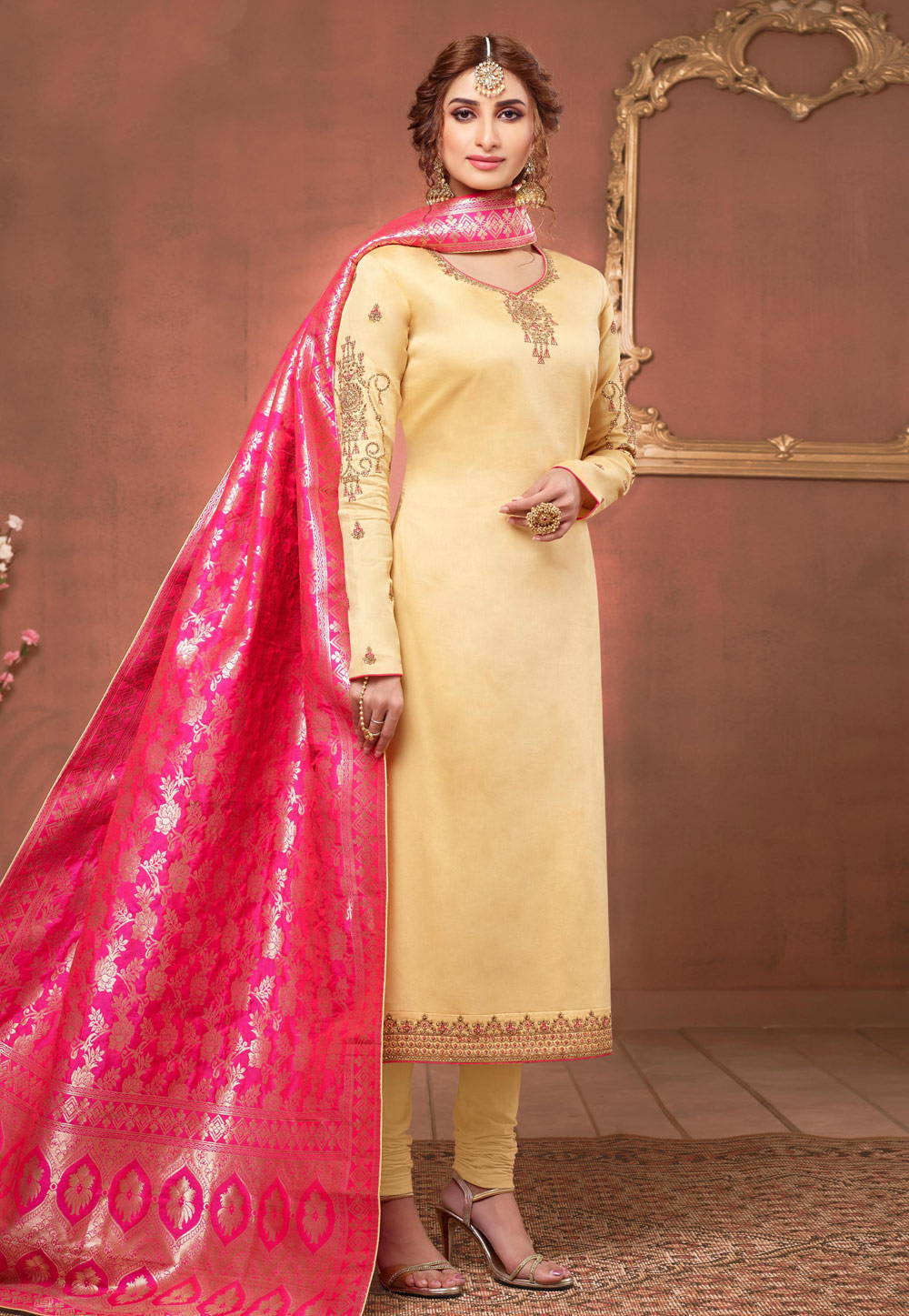 Beige Cotton Churidar Suit 185364