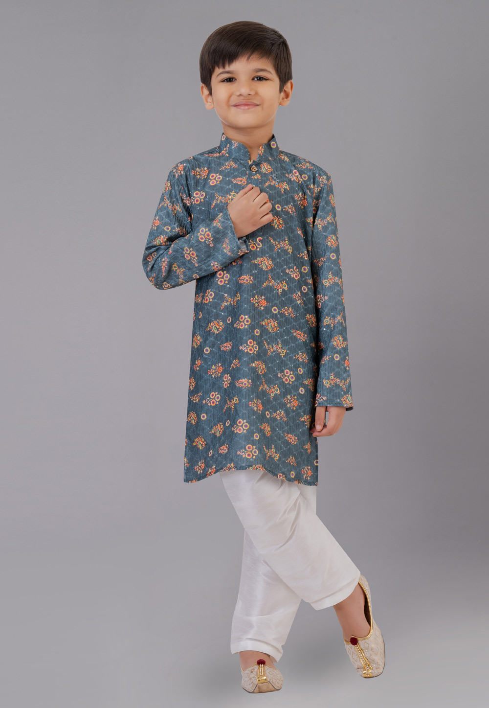 Grey Polyester Readymade Kids Kurta Pajama 260663