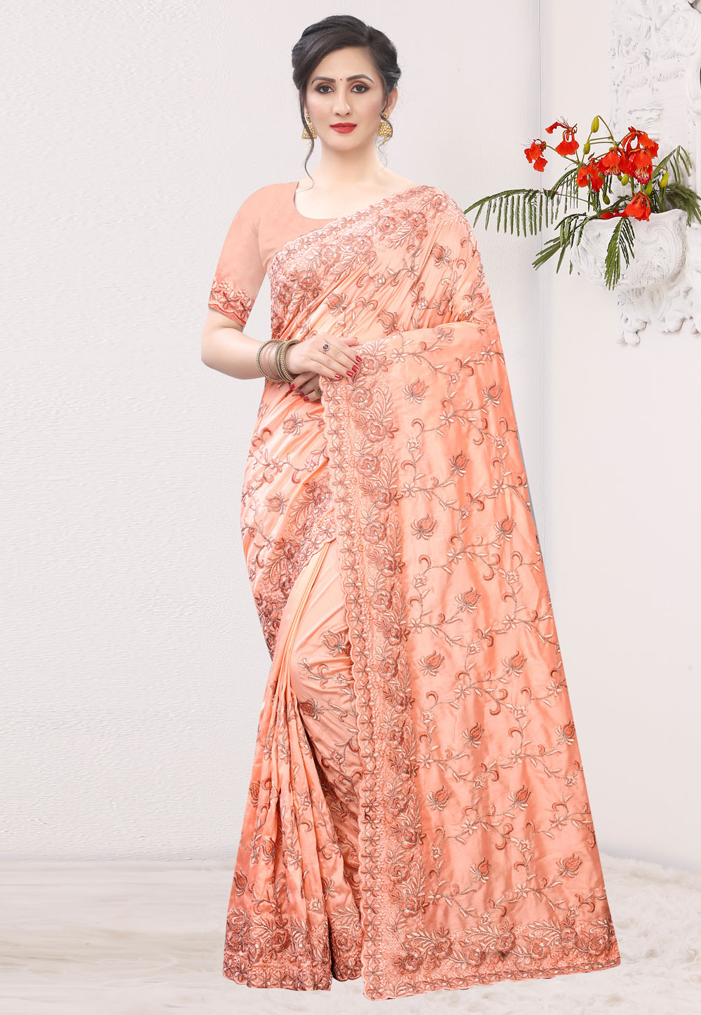 Peach Silk Festival Wear Saree 215864