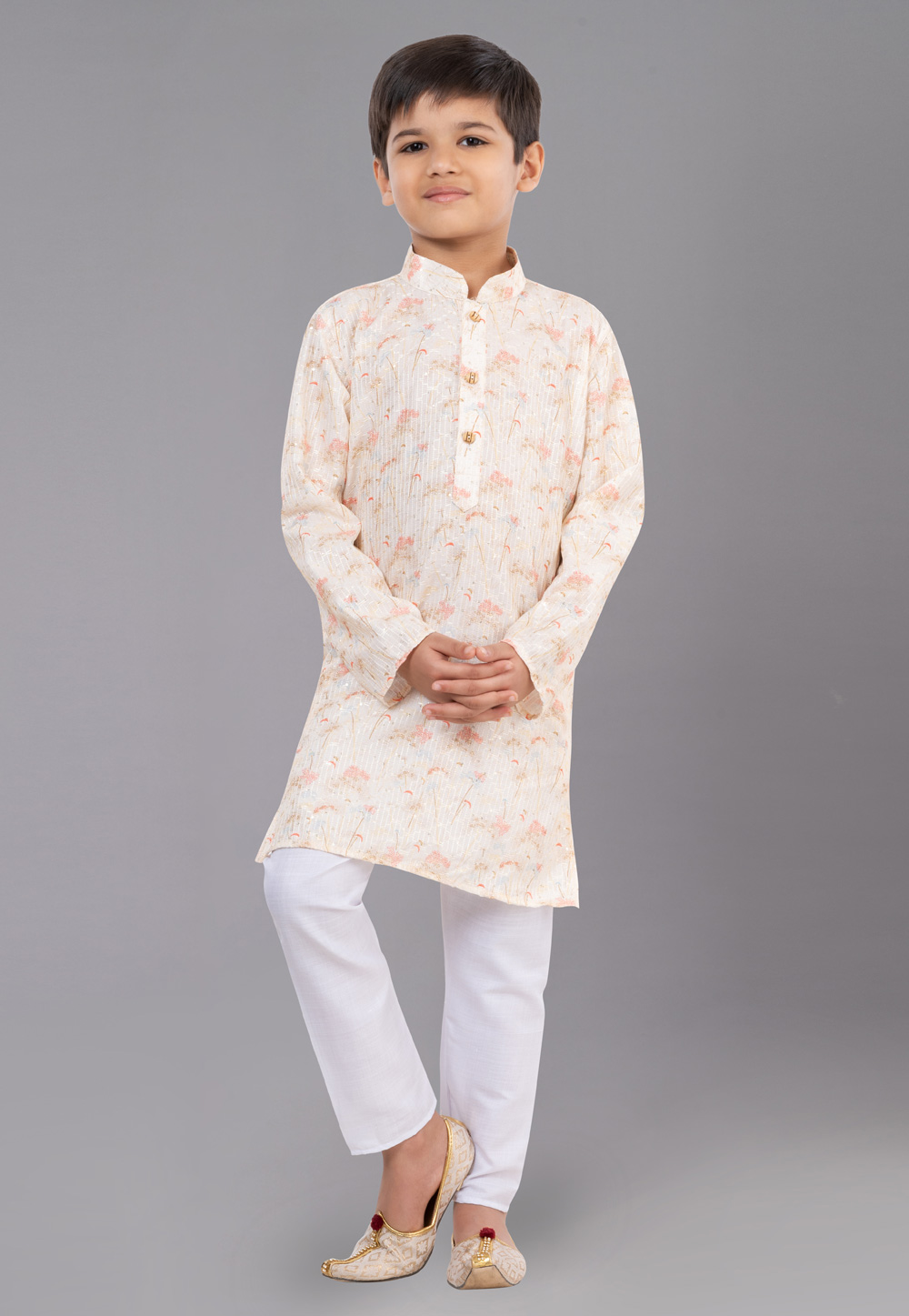 Cream Polyester Readymade Kids Kurta Pajama 260665