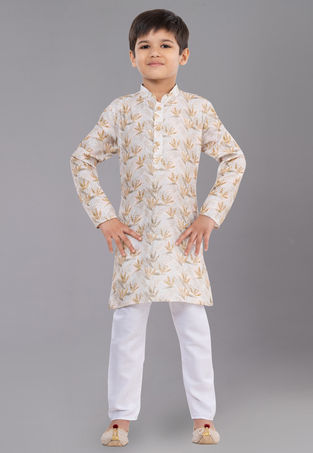 Off White Polyester Readymade Kids Kurta Pajama 260666