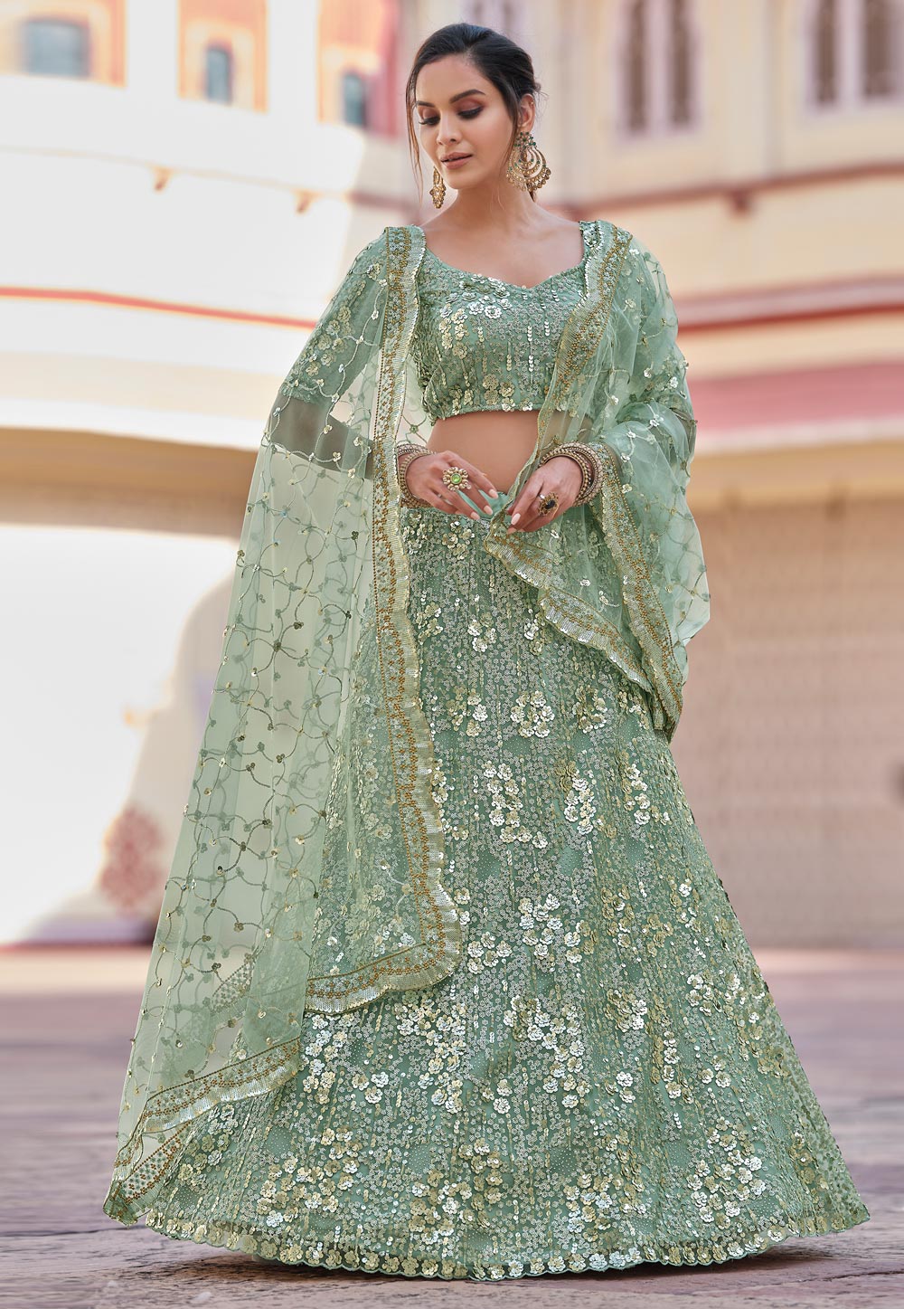 Sea Green Net Sequins Work Lehenga Choli 235628