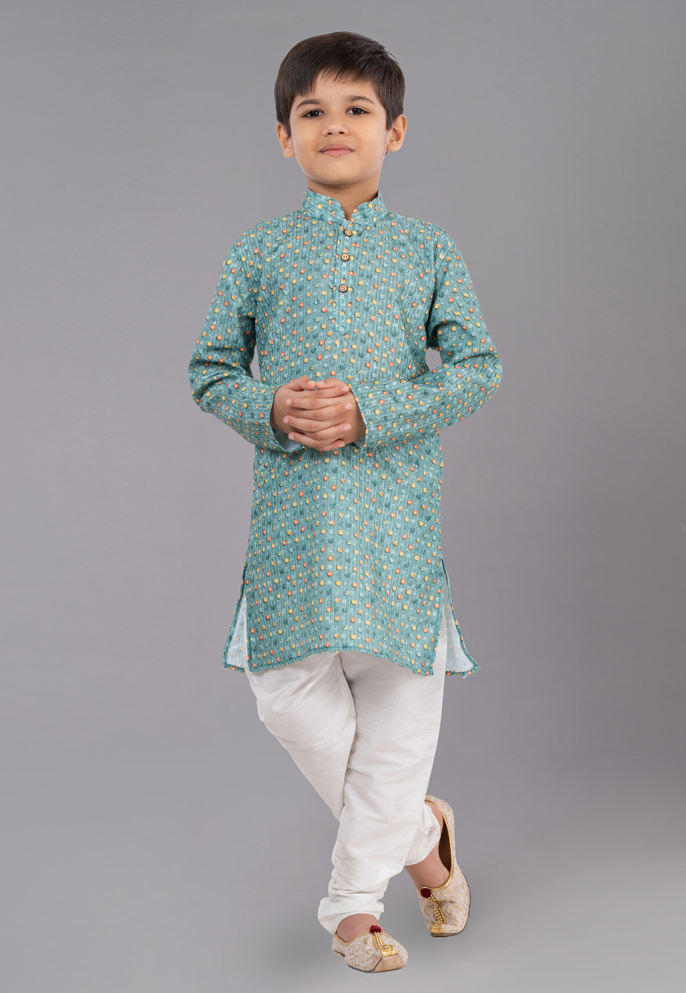 Sea Green Polyester Readymade Kids Kurta Pajama 260670