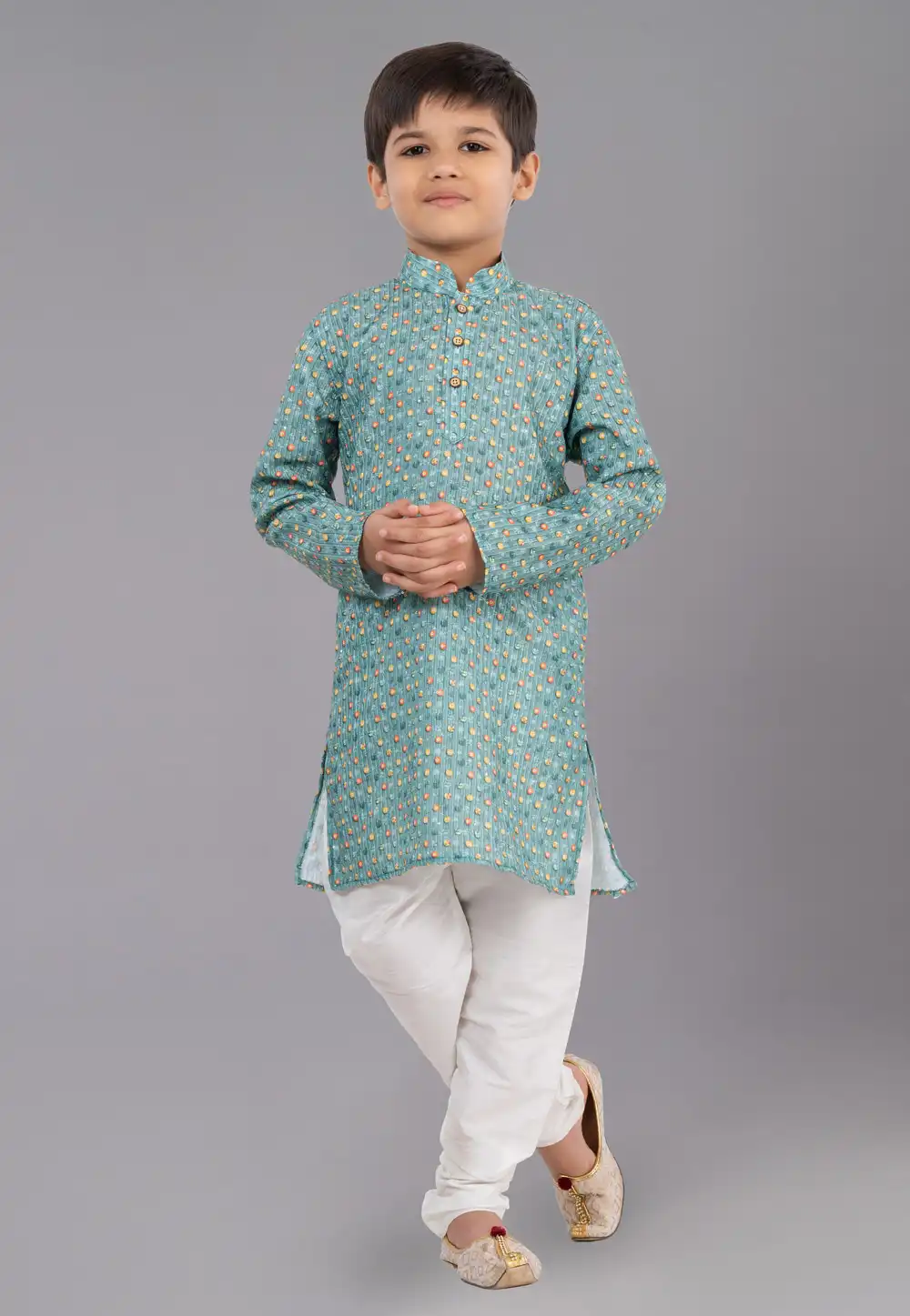 Sea Green Polyester Readymade Kids Kurta Pajama 260670