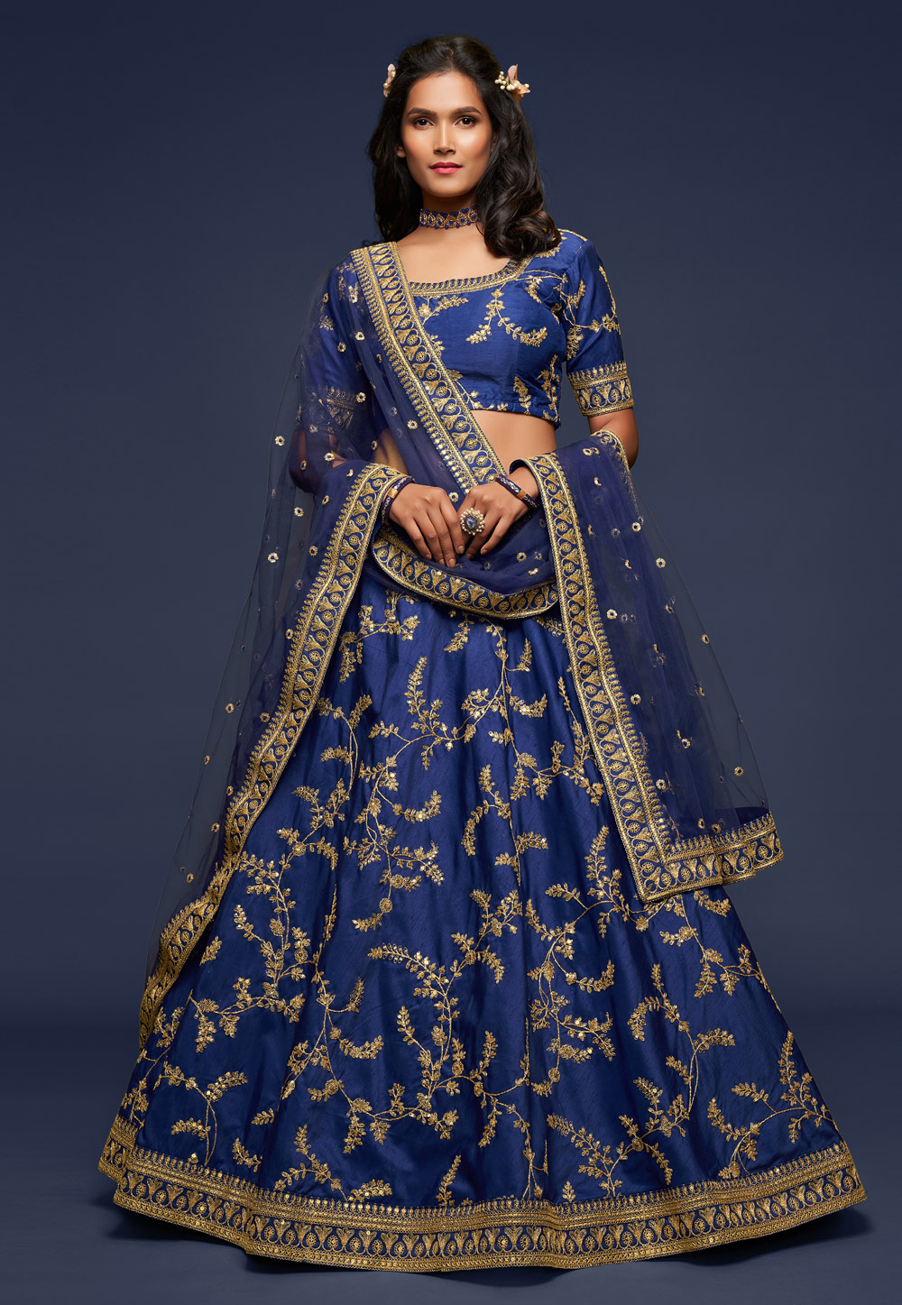 Navy Blue Art Silk Embroidered Lehenga Choli 234926