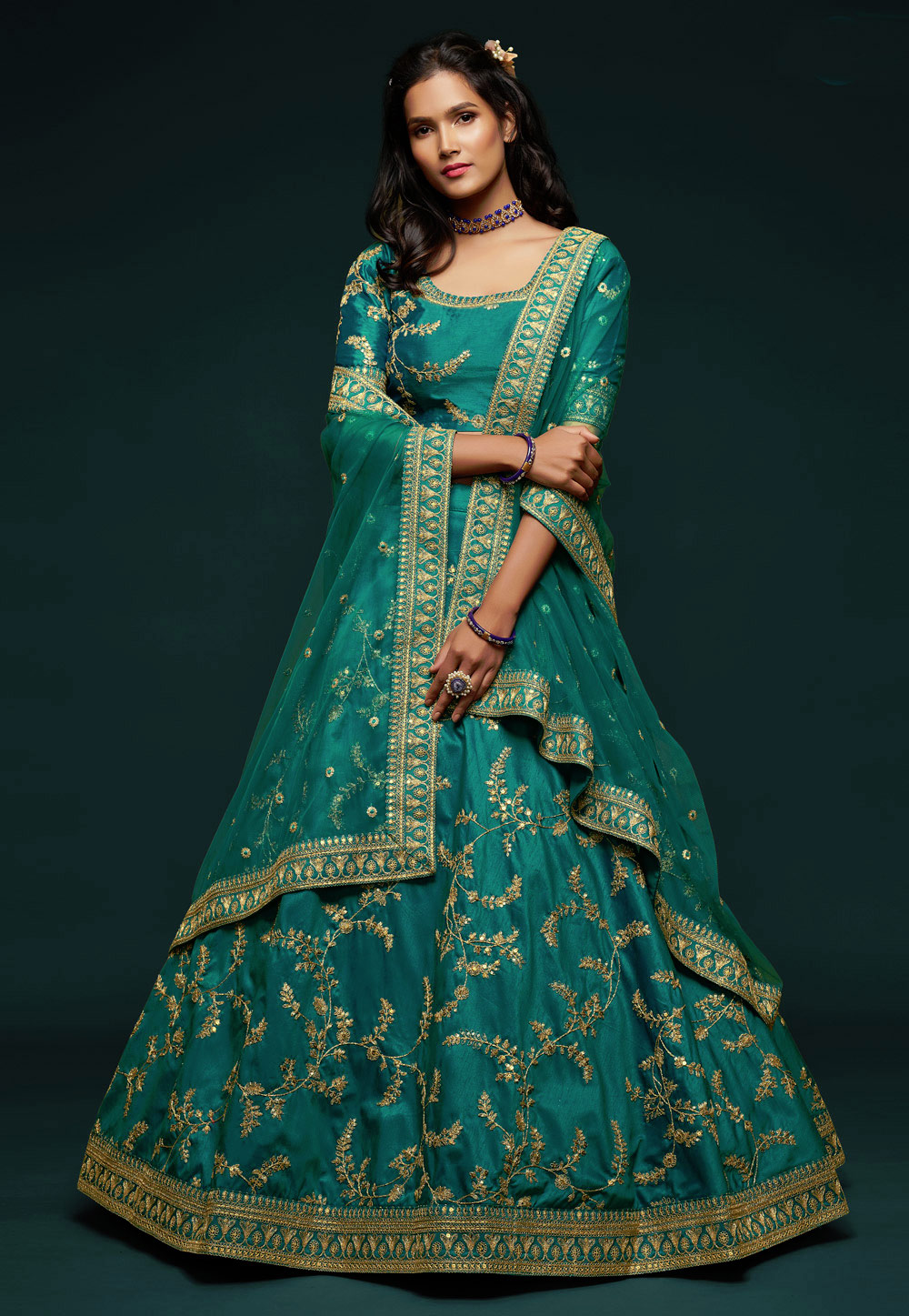 Teal Art Silk Embroidered Lehenga Choli 234931