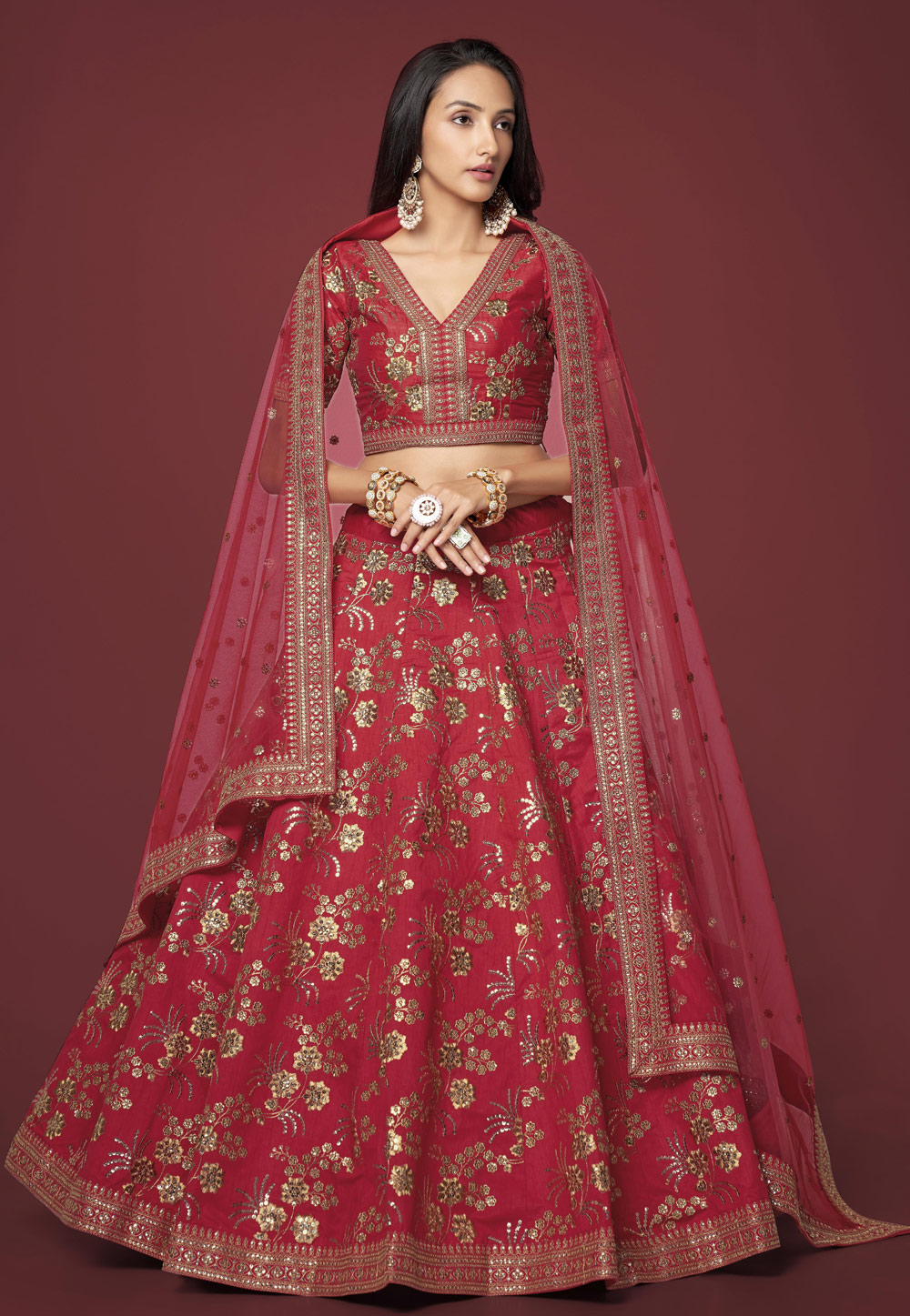 Red Silk Circular Lehenga Choli 266554
