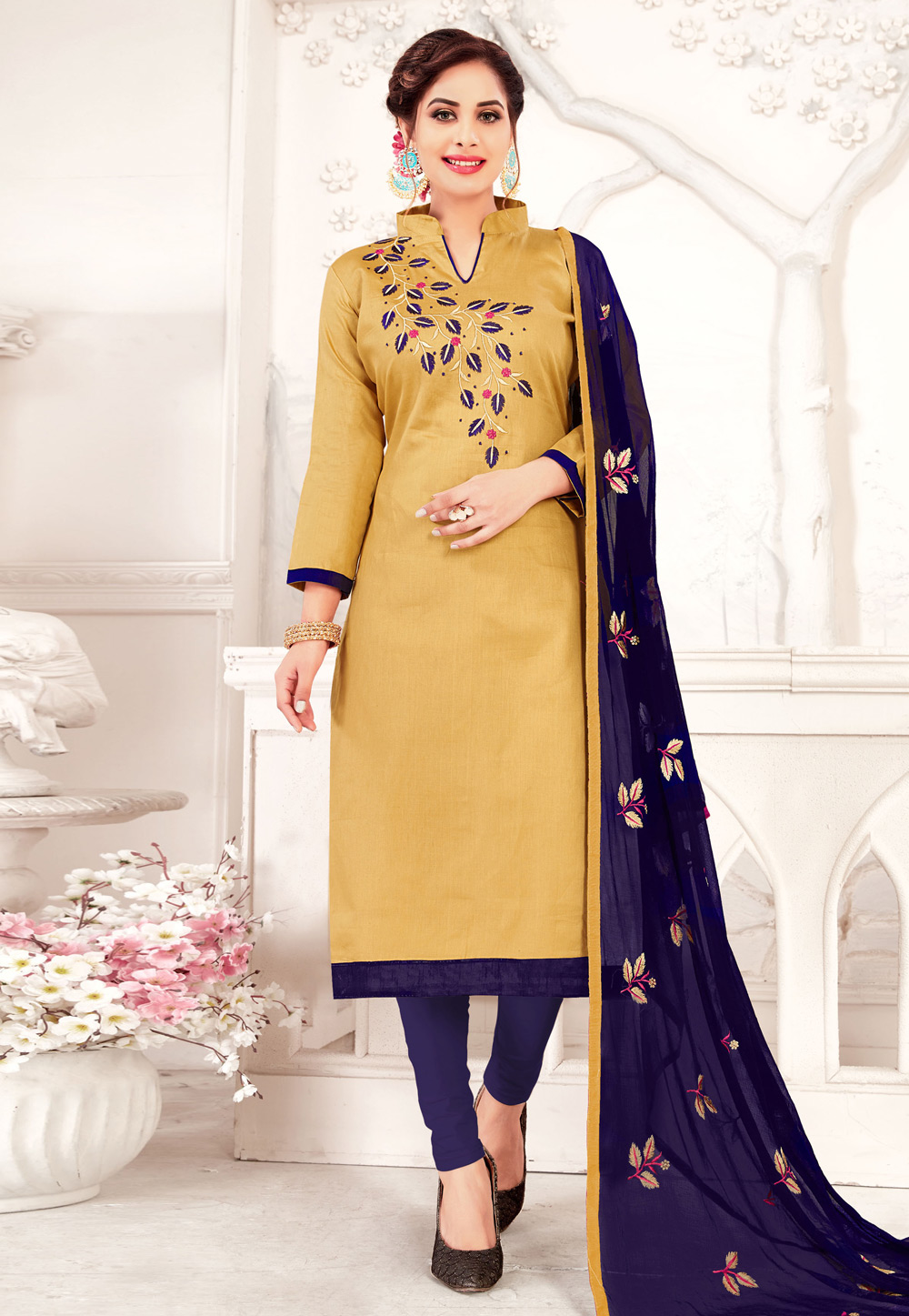 Beige Cotton Churidar Salwar Kameez 186250