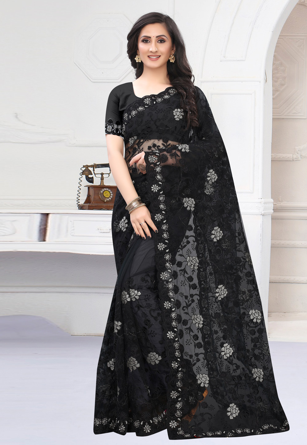 Black Net Festival Wear Saree 216293
