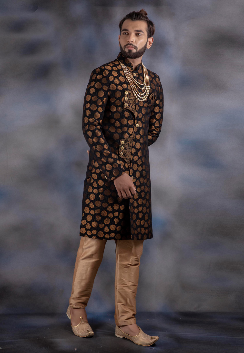 Black Jacquard Readymade Indo Western Suit 192508