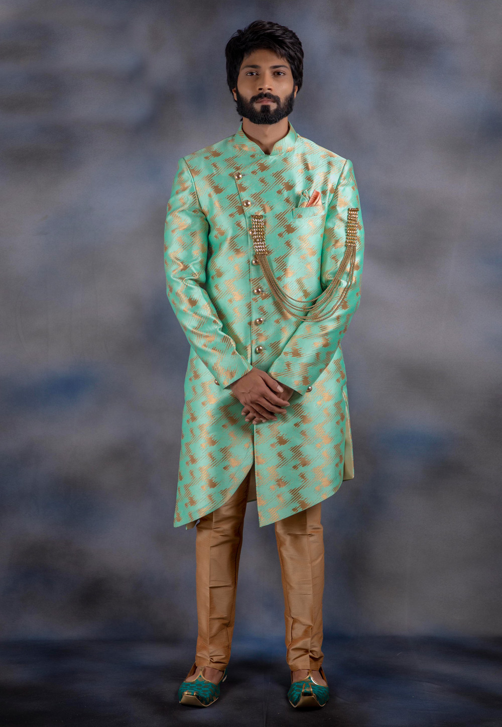 Aqua Jacquard Readymade Indo Western Suit 192509