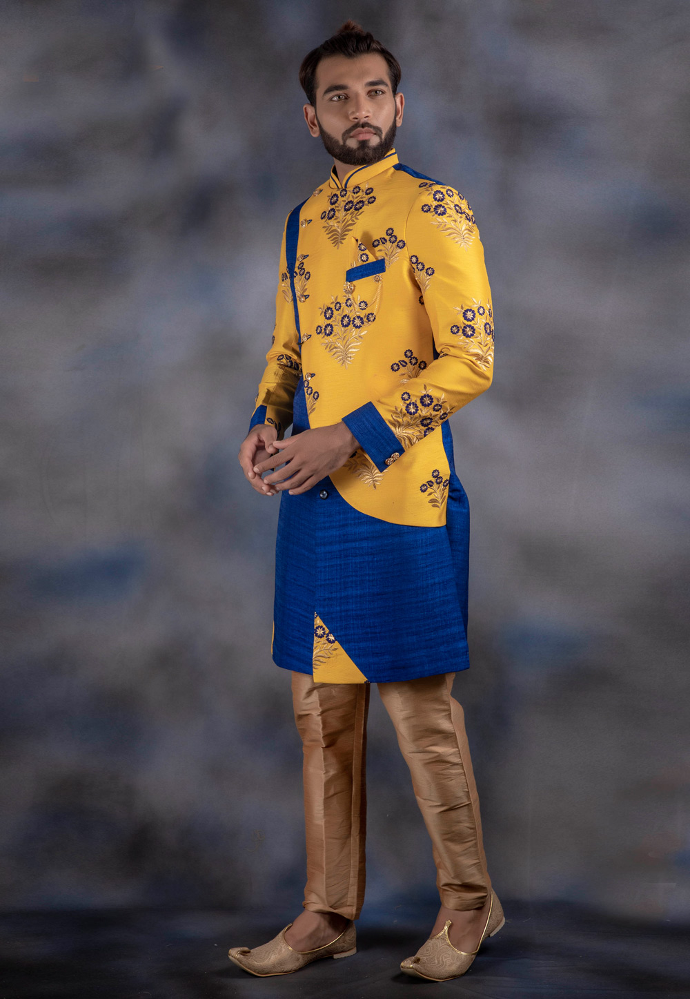 Yellow Jacquard Readymade Indo Western Suit 192510