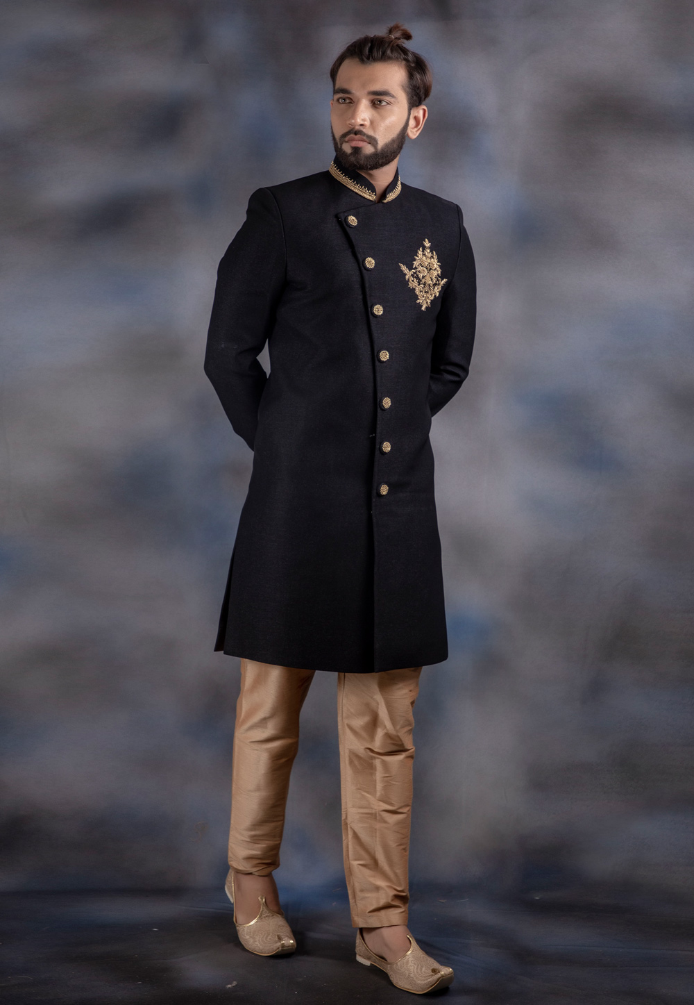 Black Jacquard Readymade Indo Western Suit 192513