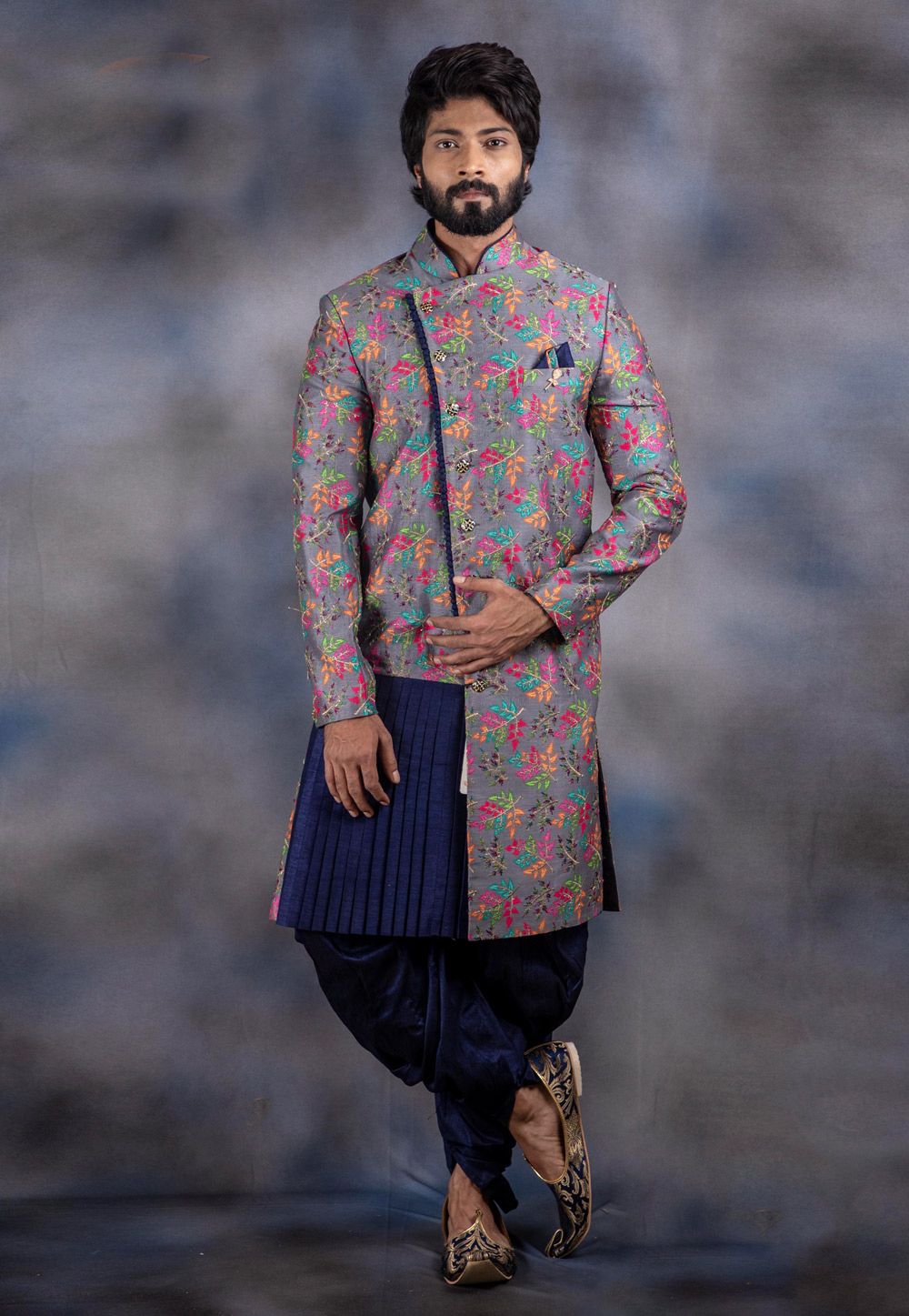 Grey Jacquard Readymade Indo Western Suit With Dhoti 192515