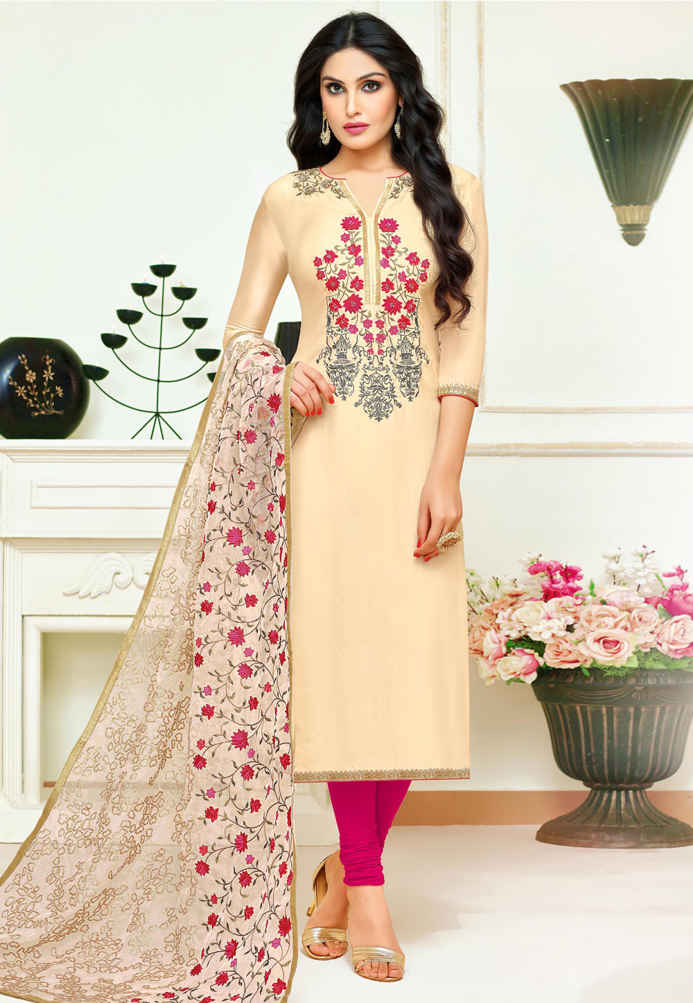 Cream Upada Silk Churidar Suit 186374