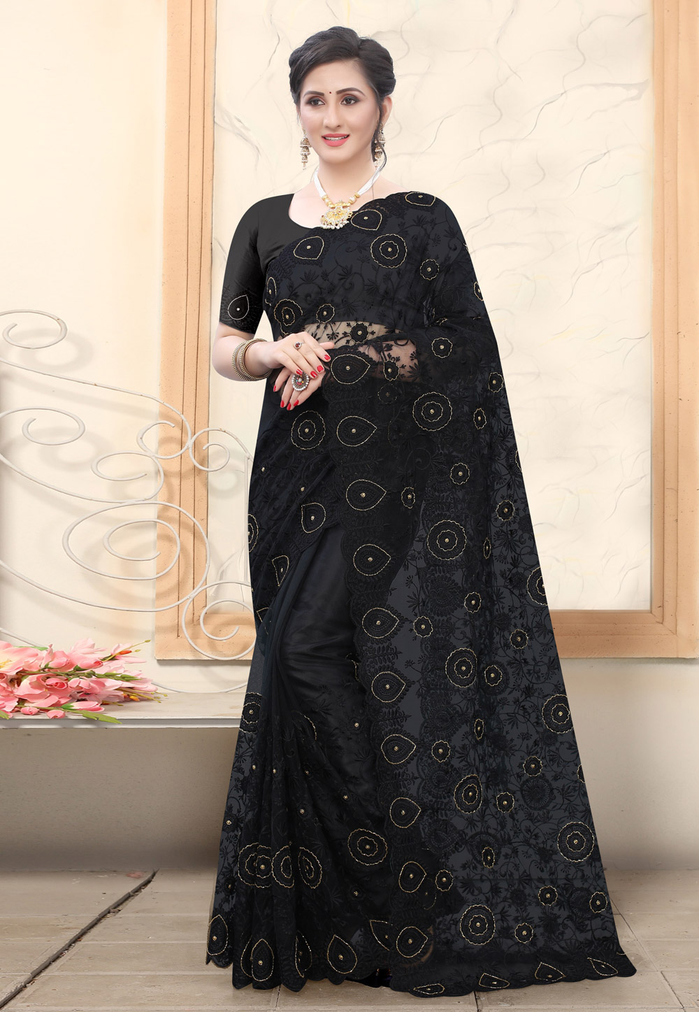 Black Net Festival Wear Saree 217279