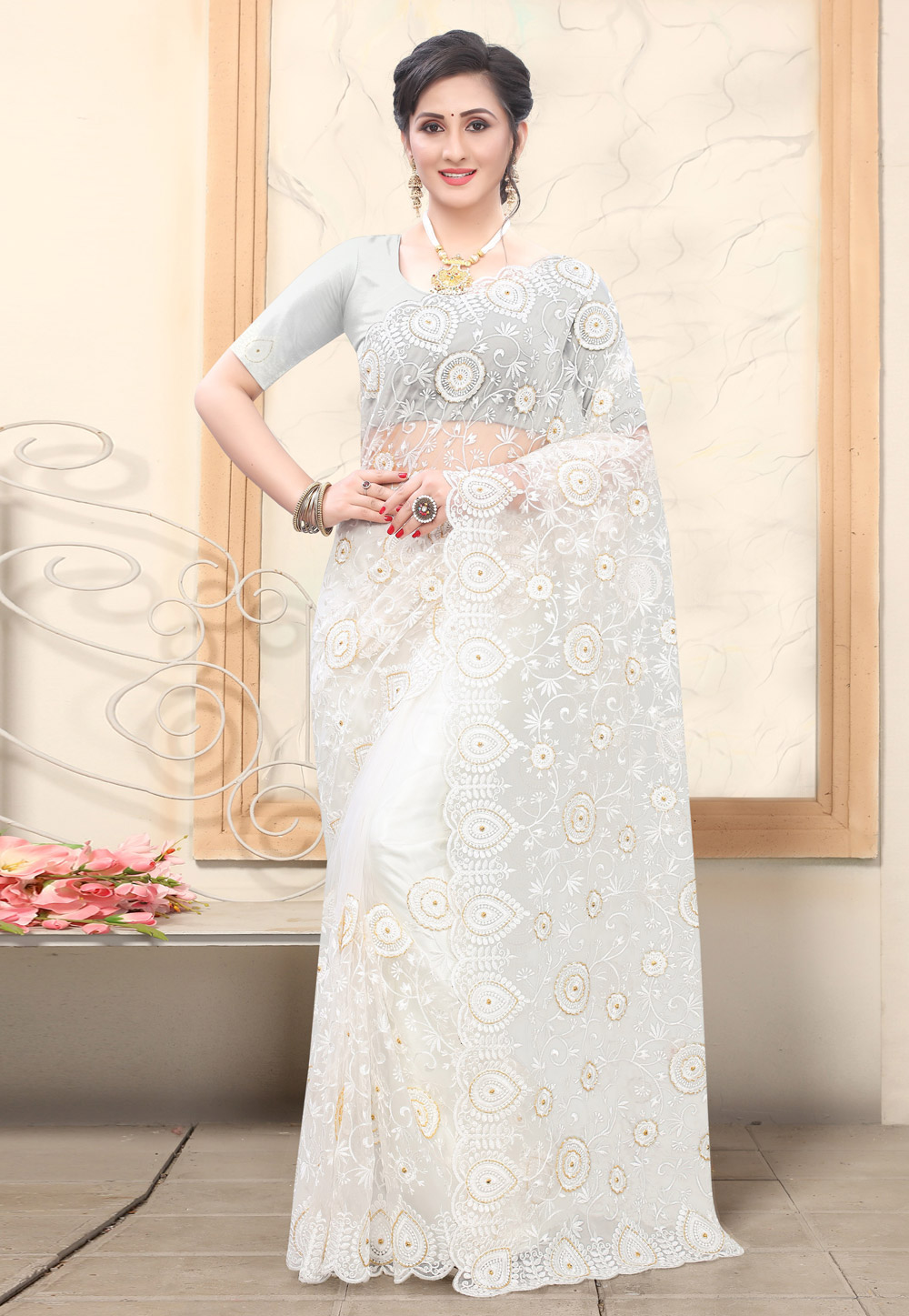 Off White Net Saree With Blouse 217280
