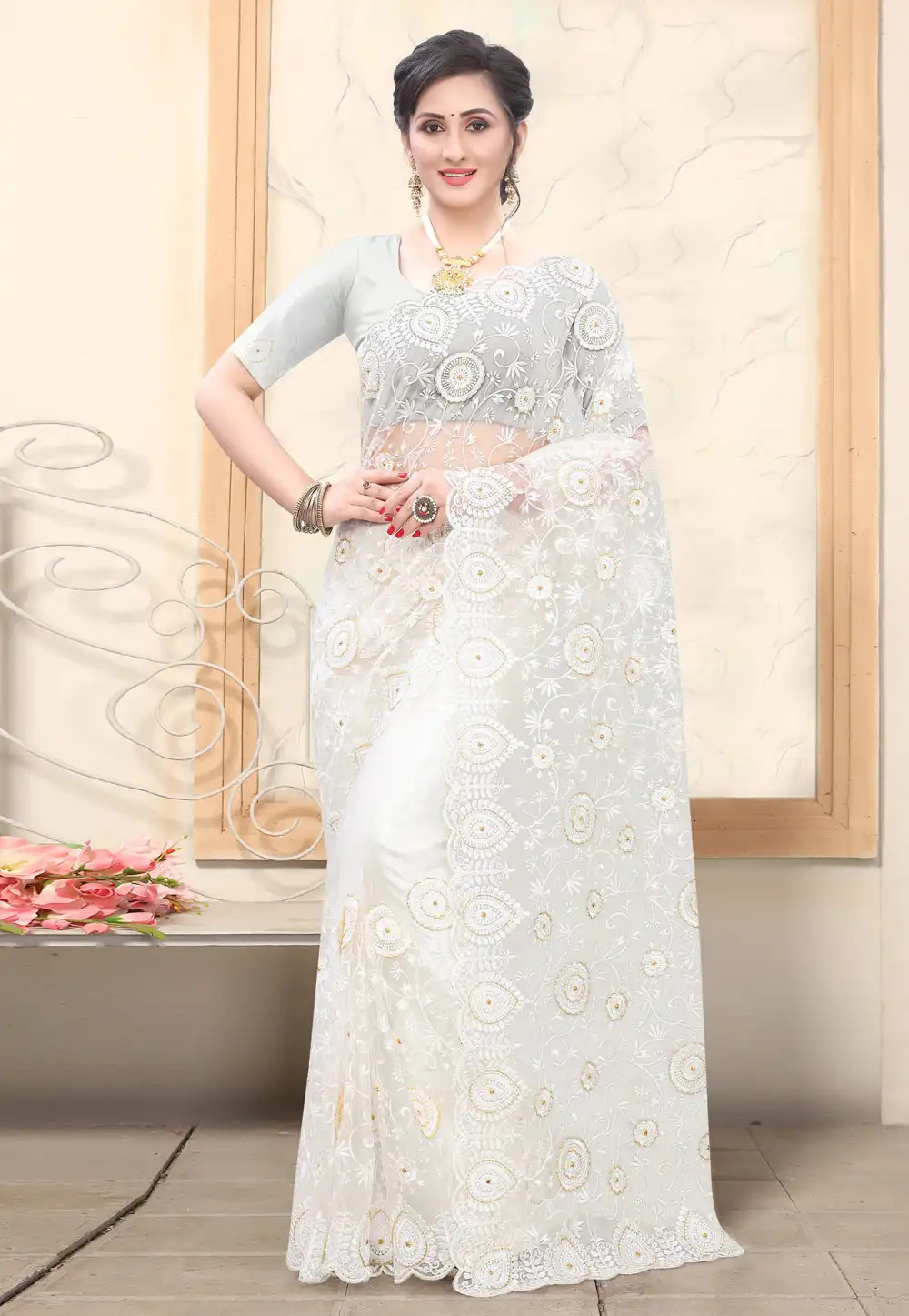 Off White Net Saree With Blouse 217280
