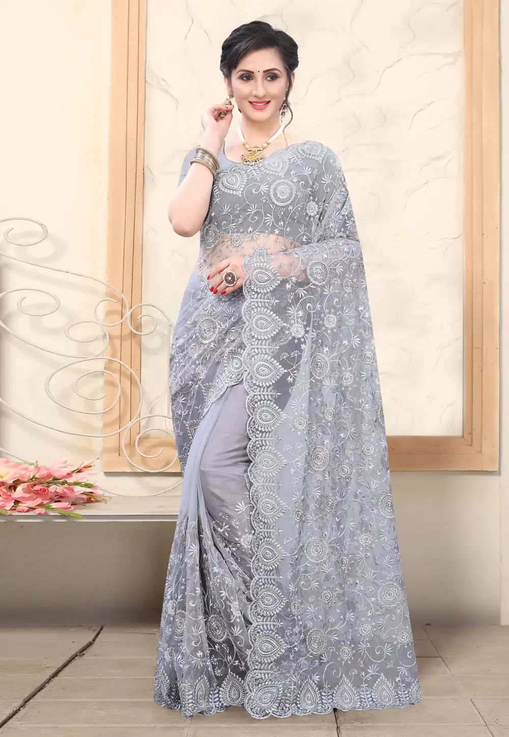 Grey Net Festival Wear Saree 217283
