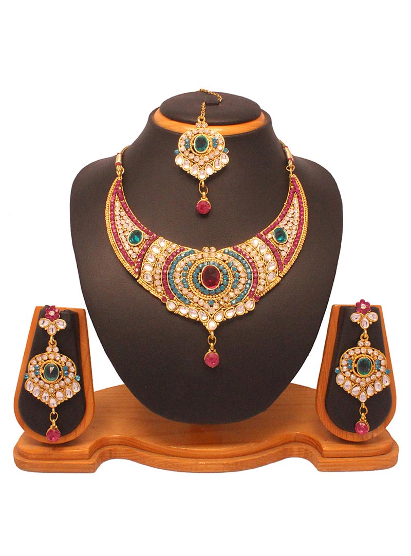 Pink and Blue Kundan Diamond Heavy Set 33336