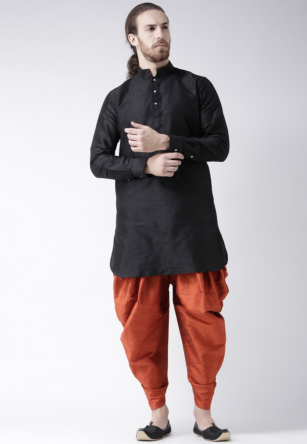 Black Dupion Silk Readymade Dhoti Kurta 201558