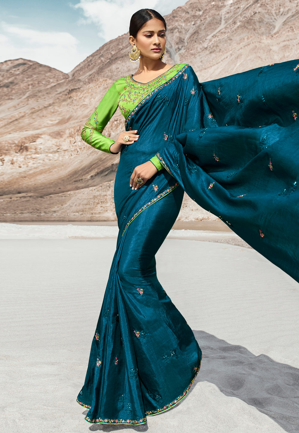 Teal Blue Silk Party Wear Saree 198893