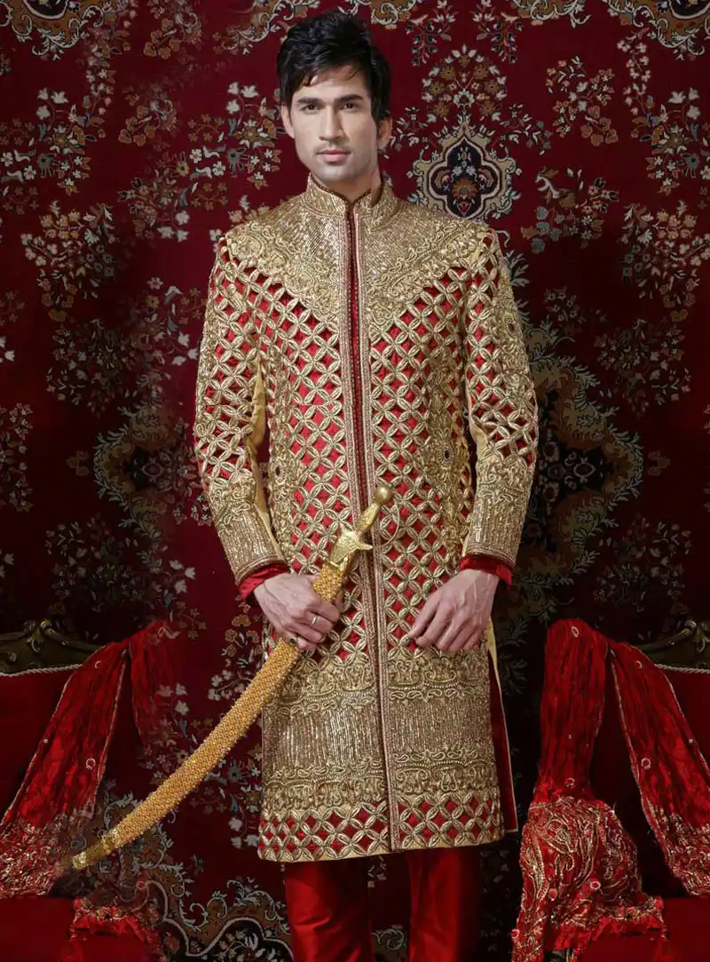 Red Velvet Resham work Party Wear Sherwani 41072