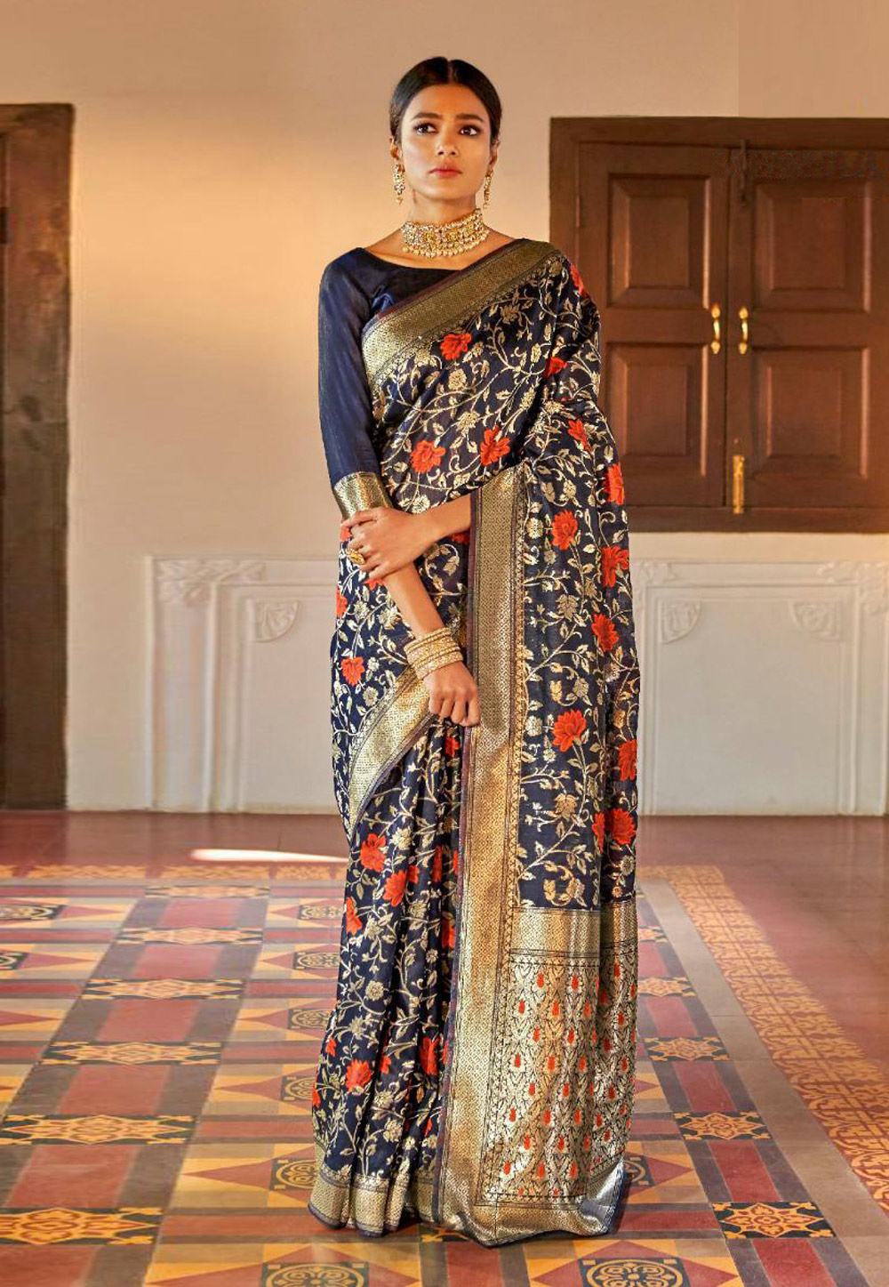 Navy Blue Art Silk Festival Wear Saree 161345
