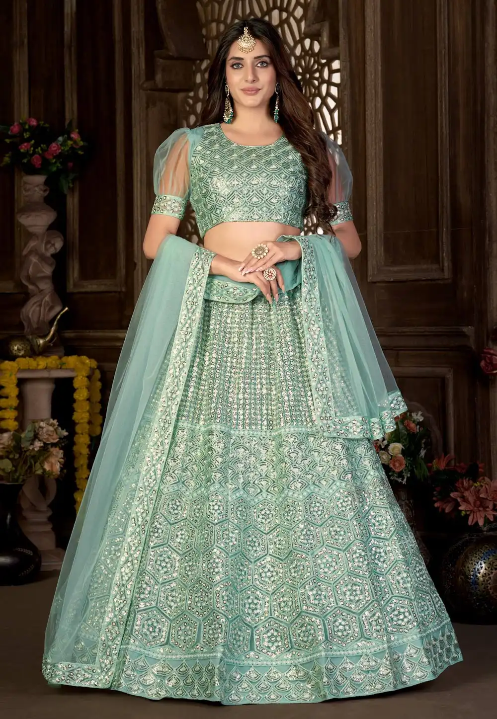 Sea Green Net A Line Lehenga Choli 248238