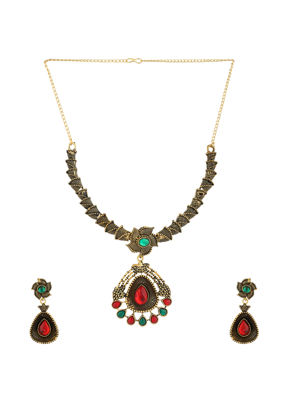 Red Alloy Necklace Set With Earrings 224611