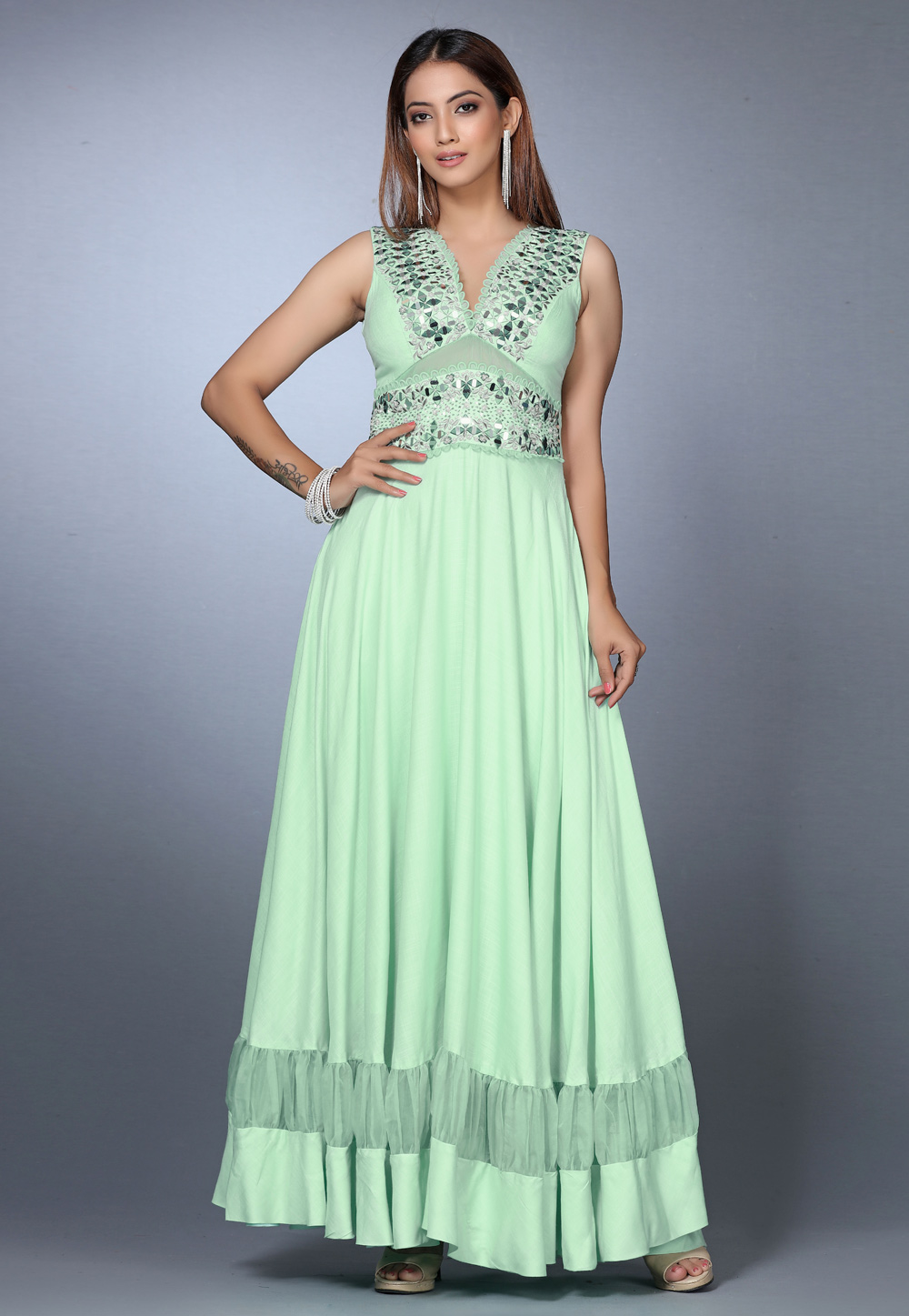 Sea Green Rayon Sleeveless Anarkali Suit 271169