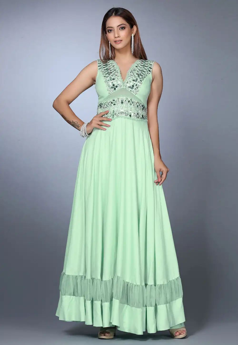 Sea Green Rayon Sleeveless Anarkali Suit 271169