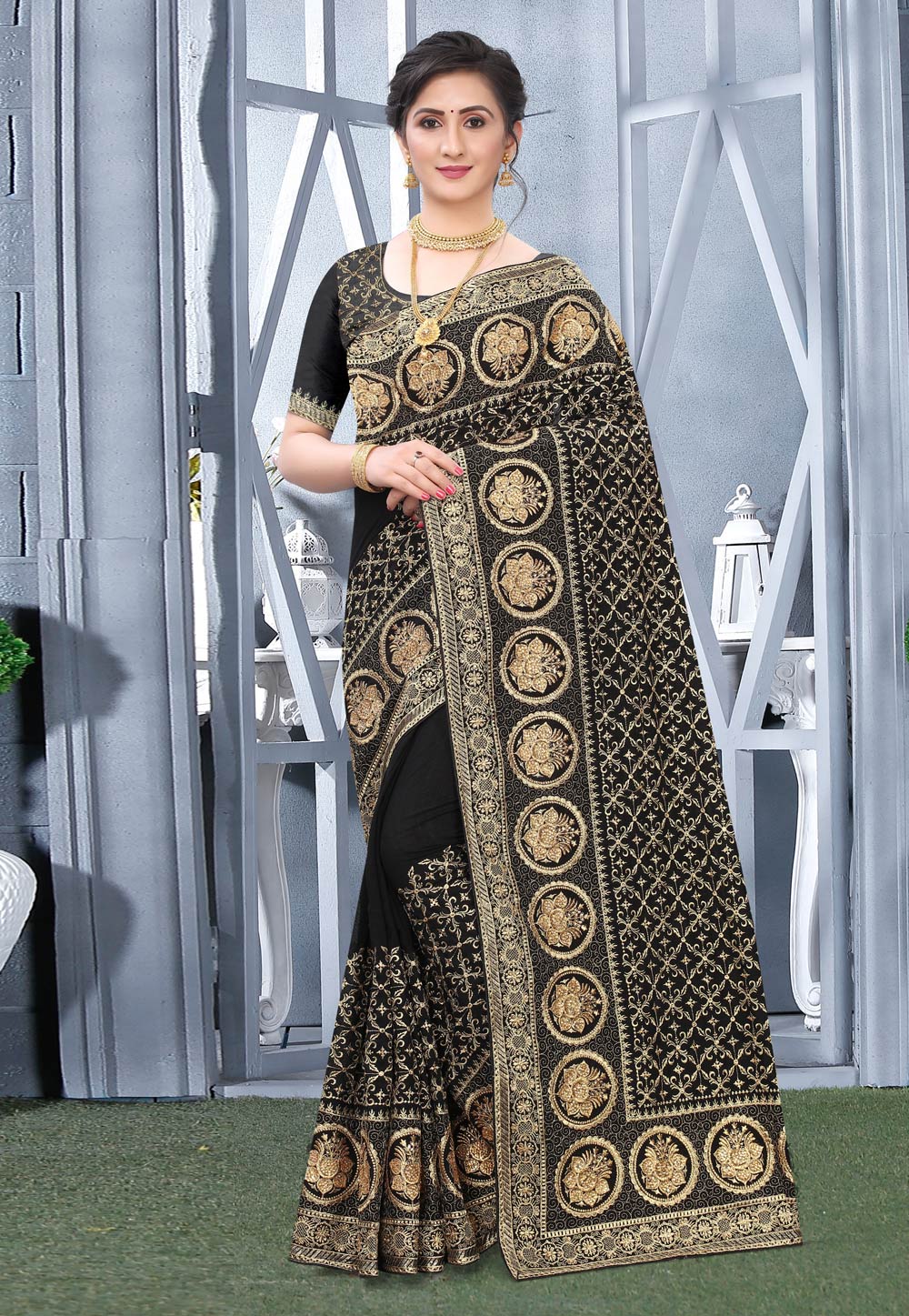 Black Silk Embroidered Festival Wear Saree 218111