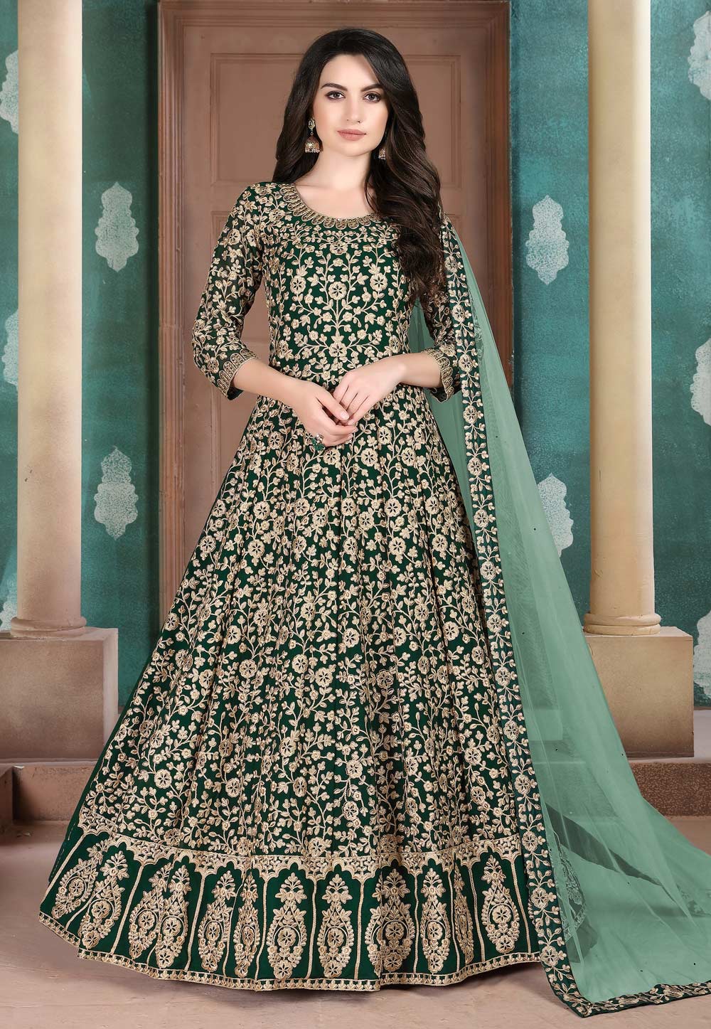 Green Faux Georgette Long Anarkali Suit 205519