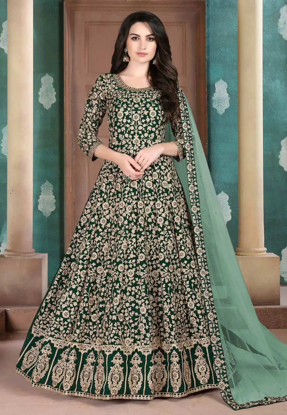 Green Faux Georgette Long Anarkali Suit 205519