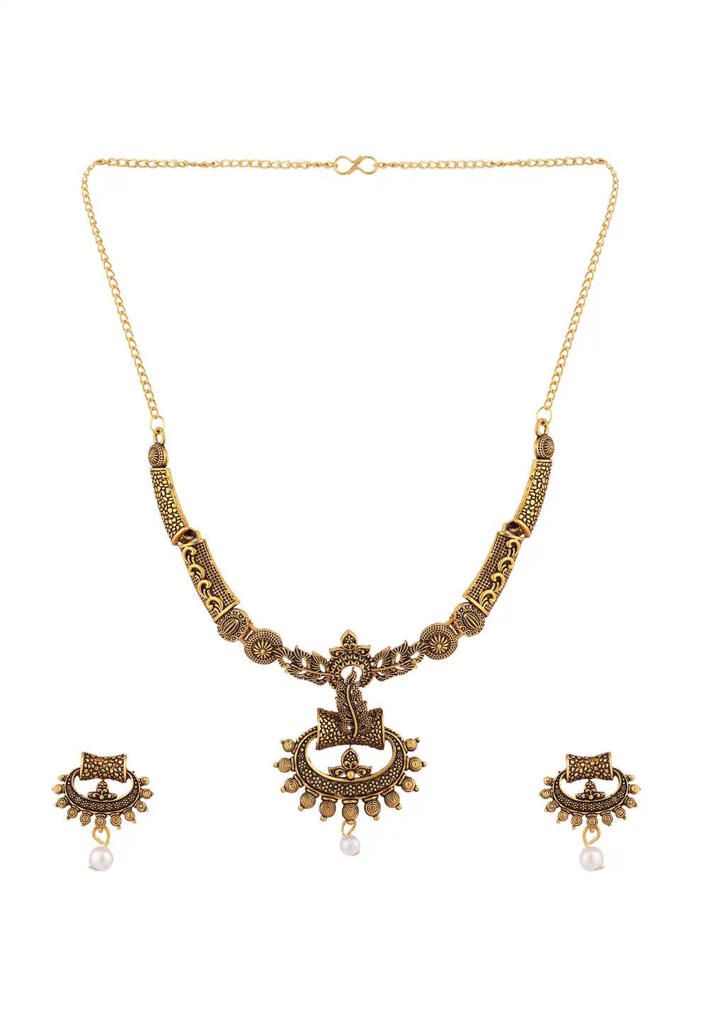 Golden Alloy Necklace Set With Earrings 224618