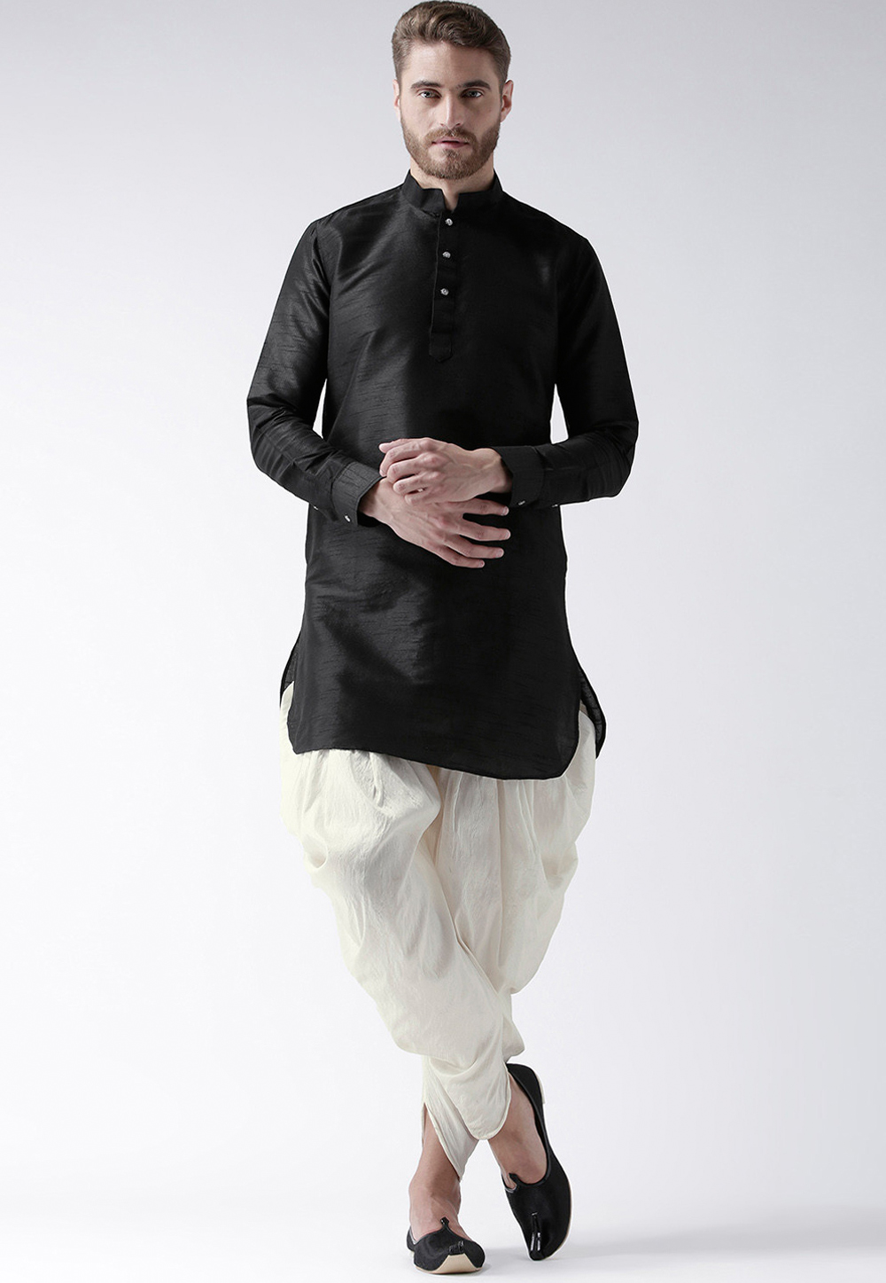 Black Dupion Silk Readymade Dhoti Kurta 201562