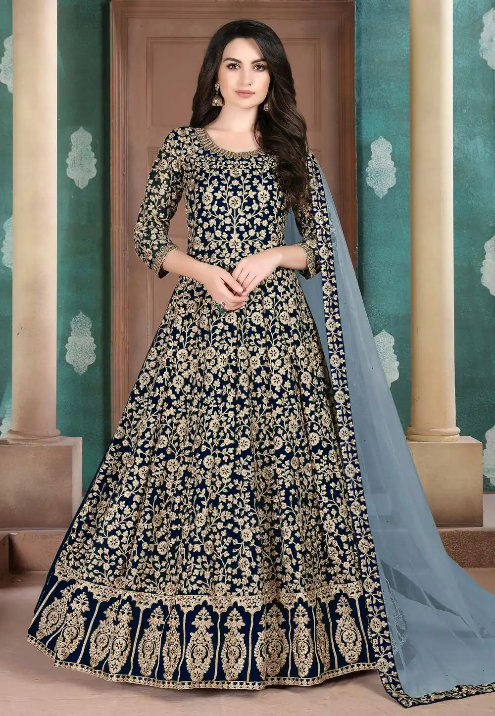 Navy Blue Faux Georgette Long Anarkali Suit 205521