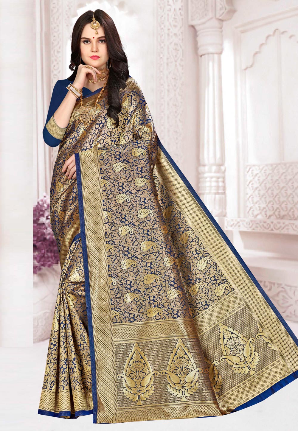 Navy Blue Banarasi Silk Saree With Blouse 220168
